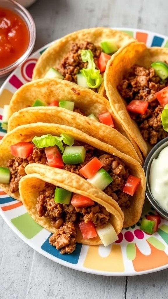Crispy Air Fryer Baked Tacos Recipe Crispy baked tacos filled with beef and cheese, garnished with lettuce and tomatoes, served with salsa and sour cream.